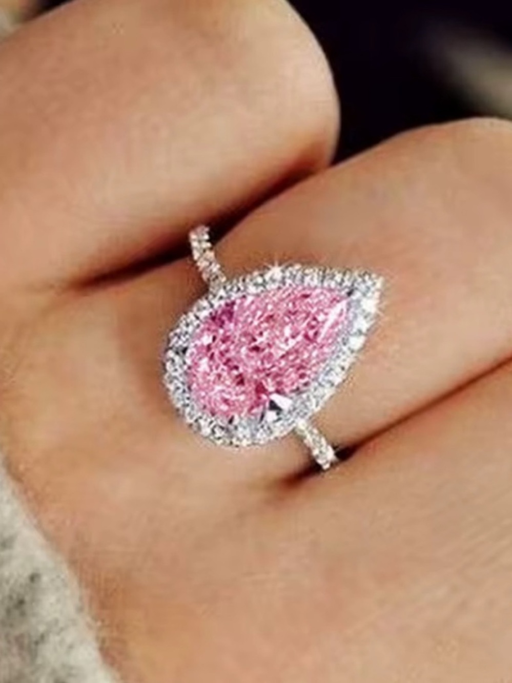 Pink Teardrop Halo Ring with Pavé Band